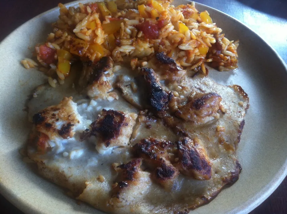 Snapdishの料理写真:Monkfish Pancake, Avoines Pasta and Yellow Peppers on a basilica tomatoes sauce|PHILIPPEさん