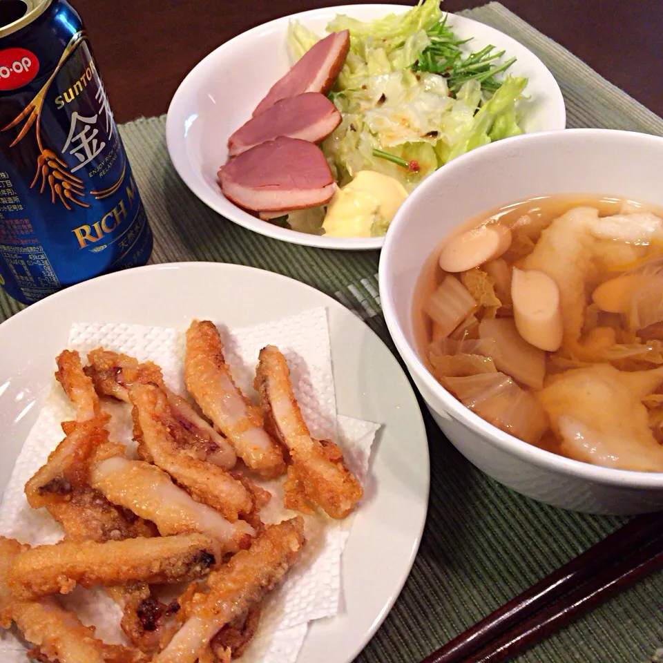 イカ唐揚げ 雑煮 カモサラダ|さるさん