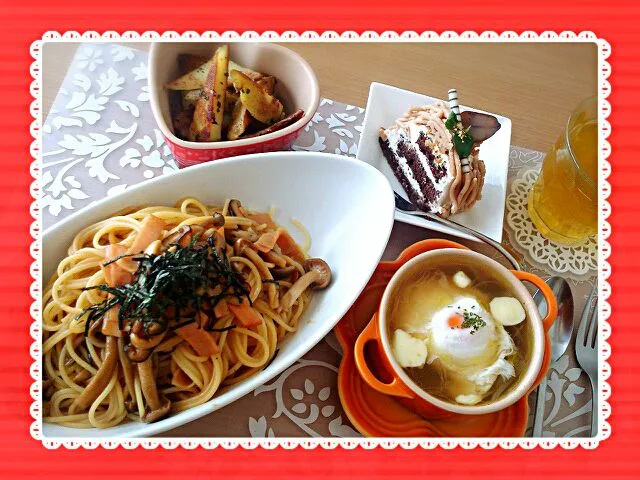 和風きのこパスタ、オニオングラタンスープ～ポーチドエッグ乗せ、ポテトフライ、モンブラン♪|えみたんさん