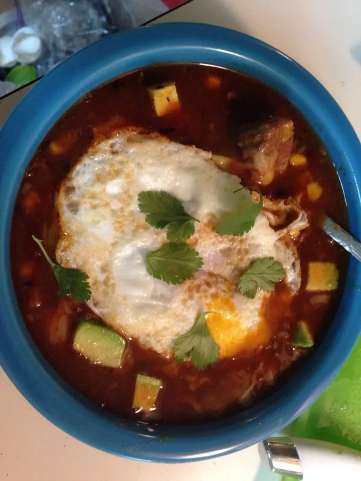 Carnitas in tortilla soup with a fried egg|Meghan Ross-Medinaさん