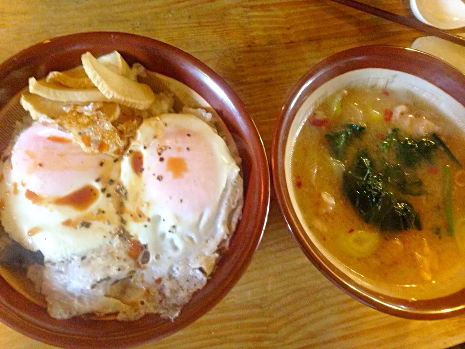 賄いめし！目ん玉のり丼と鳥皮の味噌汁|亀戸 養生蕎麦 高のさん