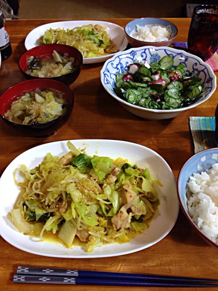 野菜炒めカレー風味、酢だこ、コンソメスープ(^O^)／|すかラインさん