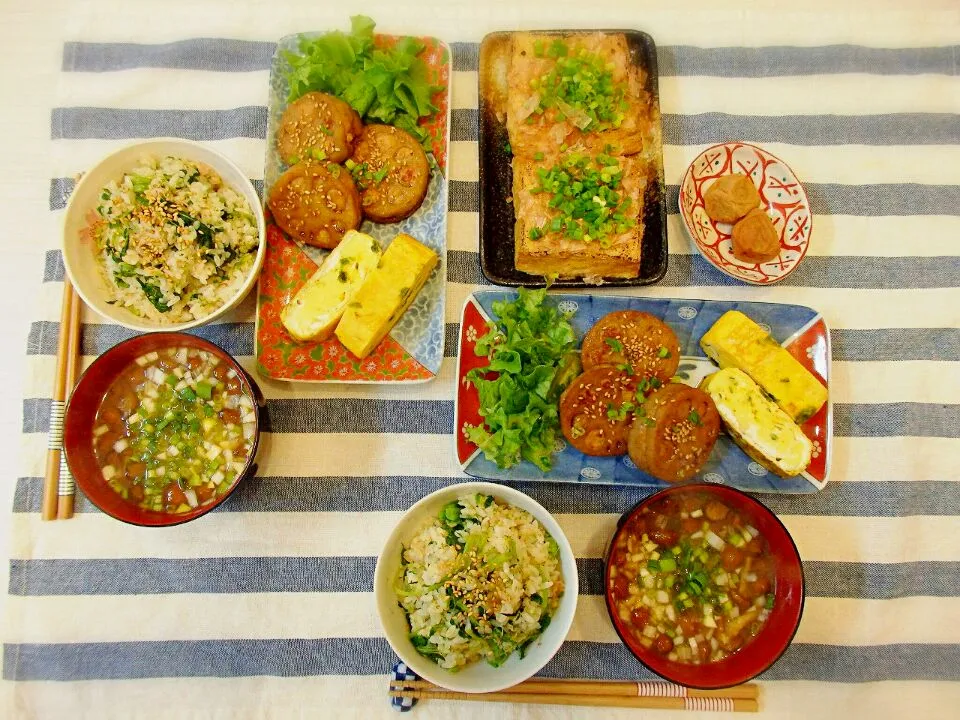 菜の花ご飯に蓮根の挟み焼き♪卵焼きにはあおさ入り～☆|naoさん