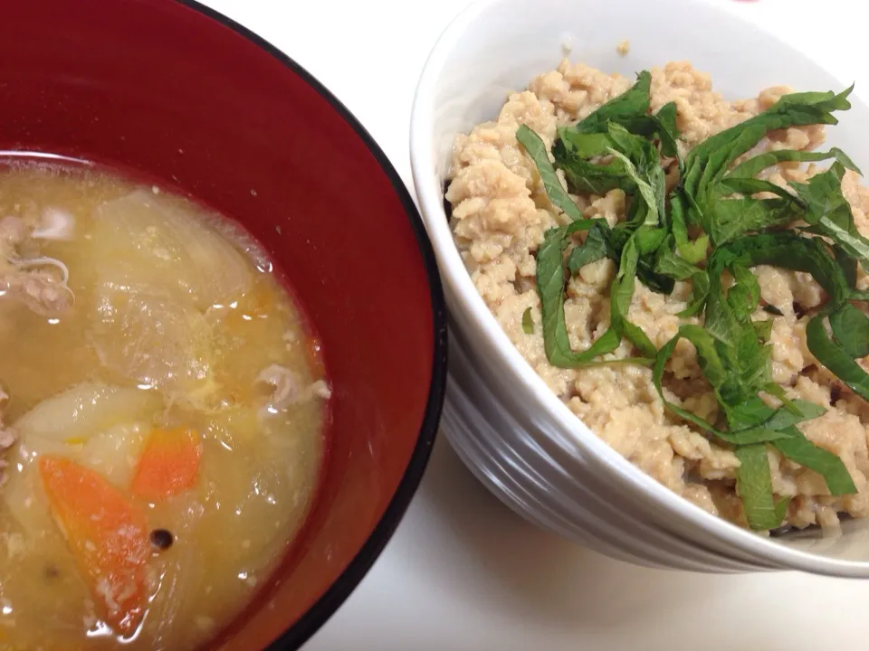 豚汁と鶏そぼろご飯。|たけうちさん