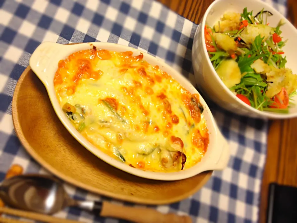 豆腐グラタン♪具はほうれん草と長ネギと鶏胸肉♡|もこさん