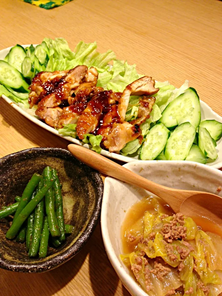 鶏の照り焼き、いんげん胡麻和え、白菜ミンチ煮|popoさん