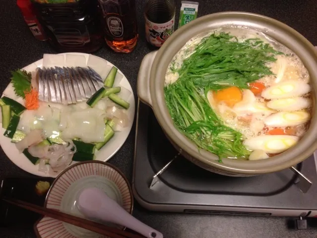 Snapdishの料理写真:鍋焼き豆腐うどん、香るしめ鯖、ヤリイカのお刺身！꒰ •ॢ  ̫ -ॢ๑꒱✩✨|サソリさん