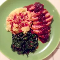 Snapdishの料理写真:Duck breast with cherry-Port sauce, mashed potatoes, Swiss chard. Valentine's dinner with the honey :)|Allisonさん