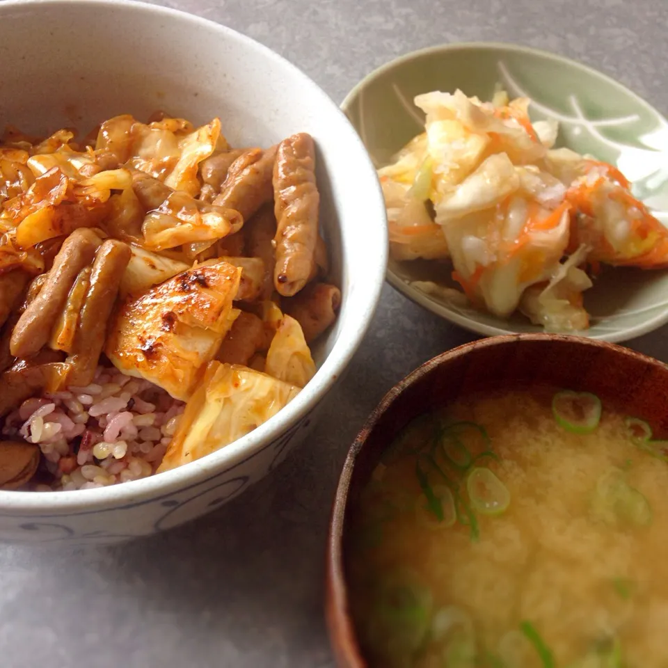 味噌ホルモン丼と、キャベツの浅漬け、即席味噌汁|sakikojikojiさん