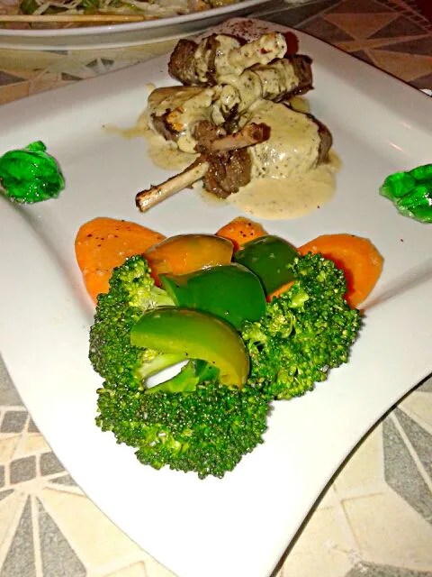 Snapdishの料理写真:rack lamb cooked to perfection and served with a peppercorn sauce and mint jelly|Jeanette Marcelleさん