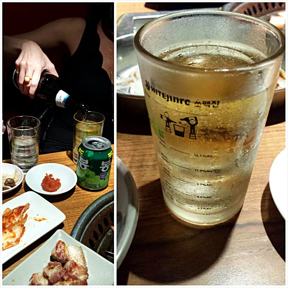 My girls making the Shoju Bomb; made up of beer,  rice wine and grape juice. Thumbs up!|genさん