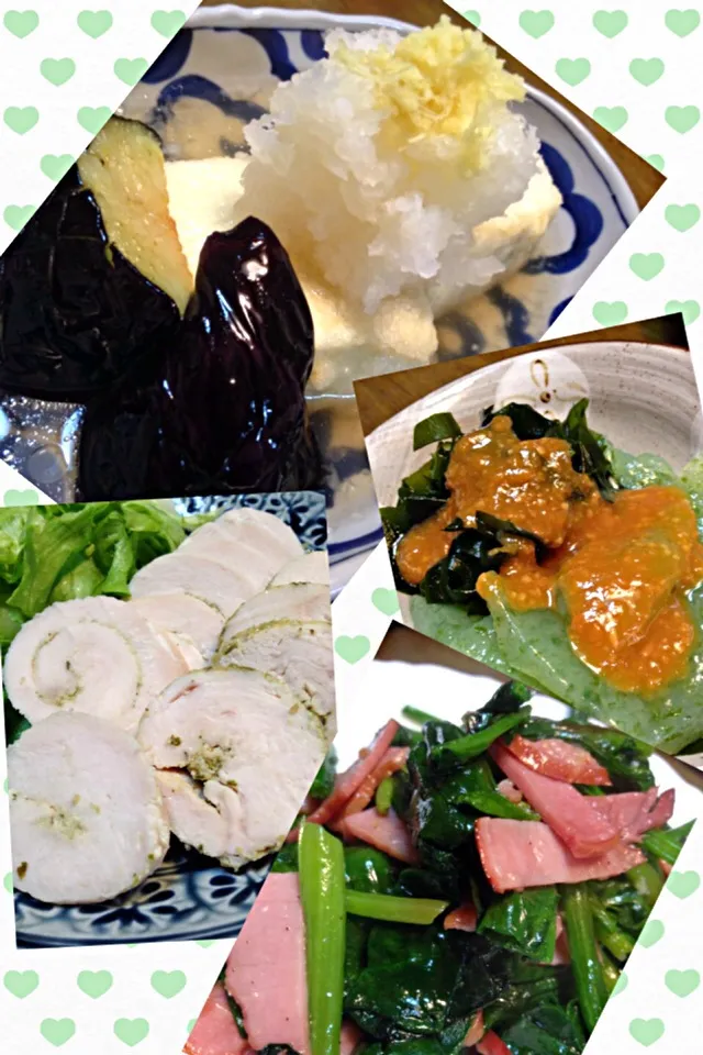 揚げ出し豆腐&茄子・鶏ハム・ほうれん草とベーコンのソテー・刺身こんにゃく|mokotaさん