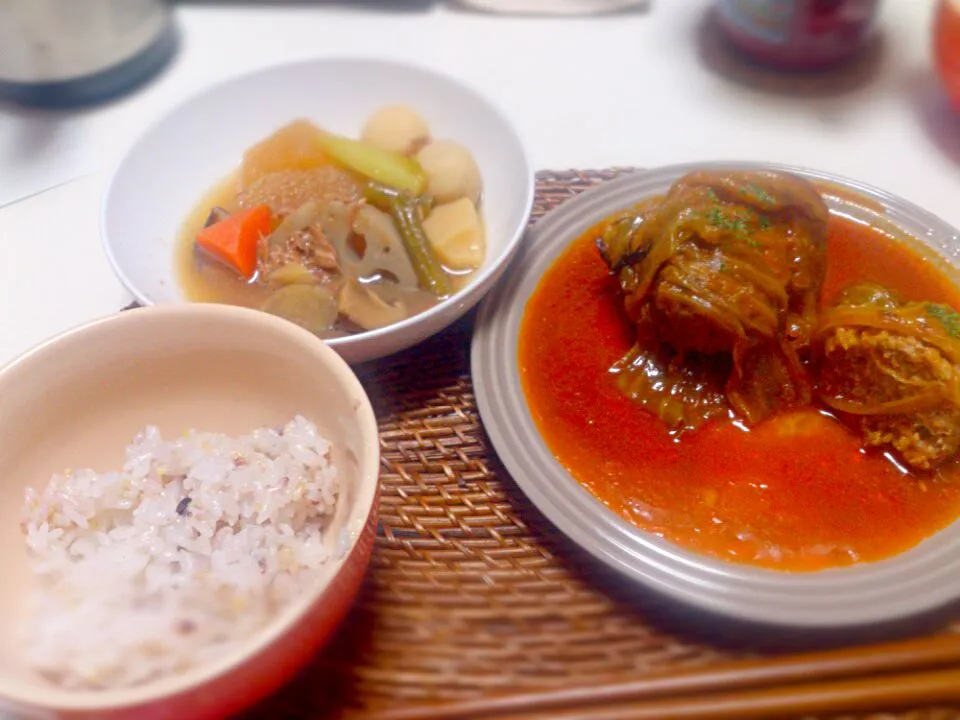 ロールキャベツ(残り) シーチキン入り煮物 雑穀米|にゃろめさん