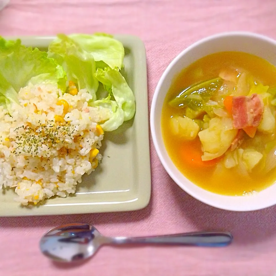 カレー野菜スープ、炊飯器ピラフ。|あすみさん