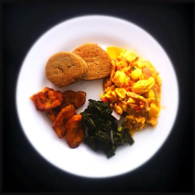 Ackee and Salt Fish with side of spinach, plantain and Gluten Free Fried Dumpling|T.E.Dennisさん