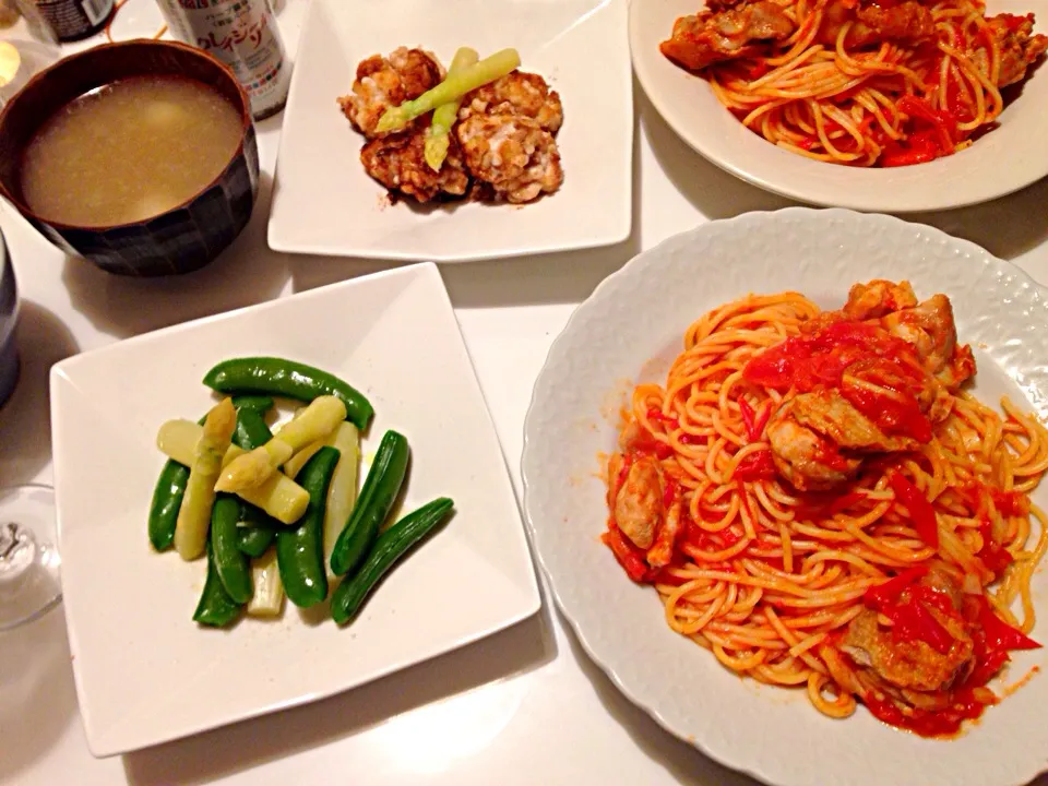 チキンのトマトソースパスタ♡ホワイトアスパラとスナップエンドウ♡白子のムニエル|Yukoさん