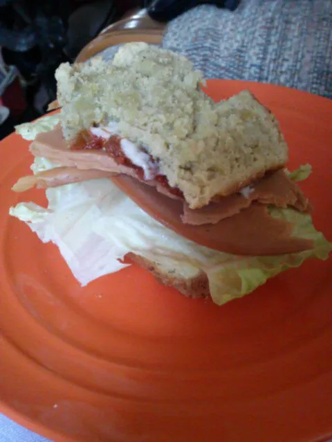 My"Bologna"sandwich with mayo, lettuce, sundried tomato spread, on homemade avocado bread.|Polly Gelfusoさん