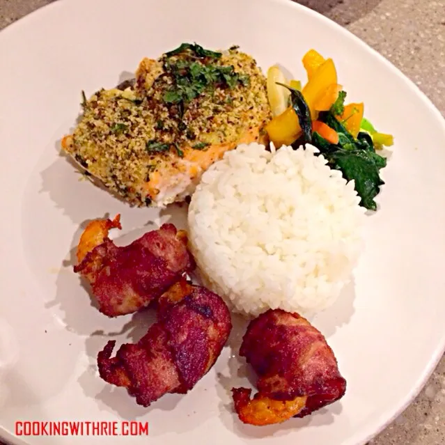 Snapdishの料理写真:Shrimps Roll Bacon, Baked Ginger Wasabi Salmon, Capcay served with white rice..  Gluten Free, Paleo diet, for severe celiac disease people.|rie simsさん