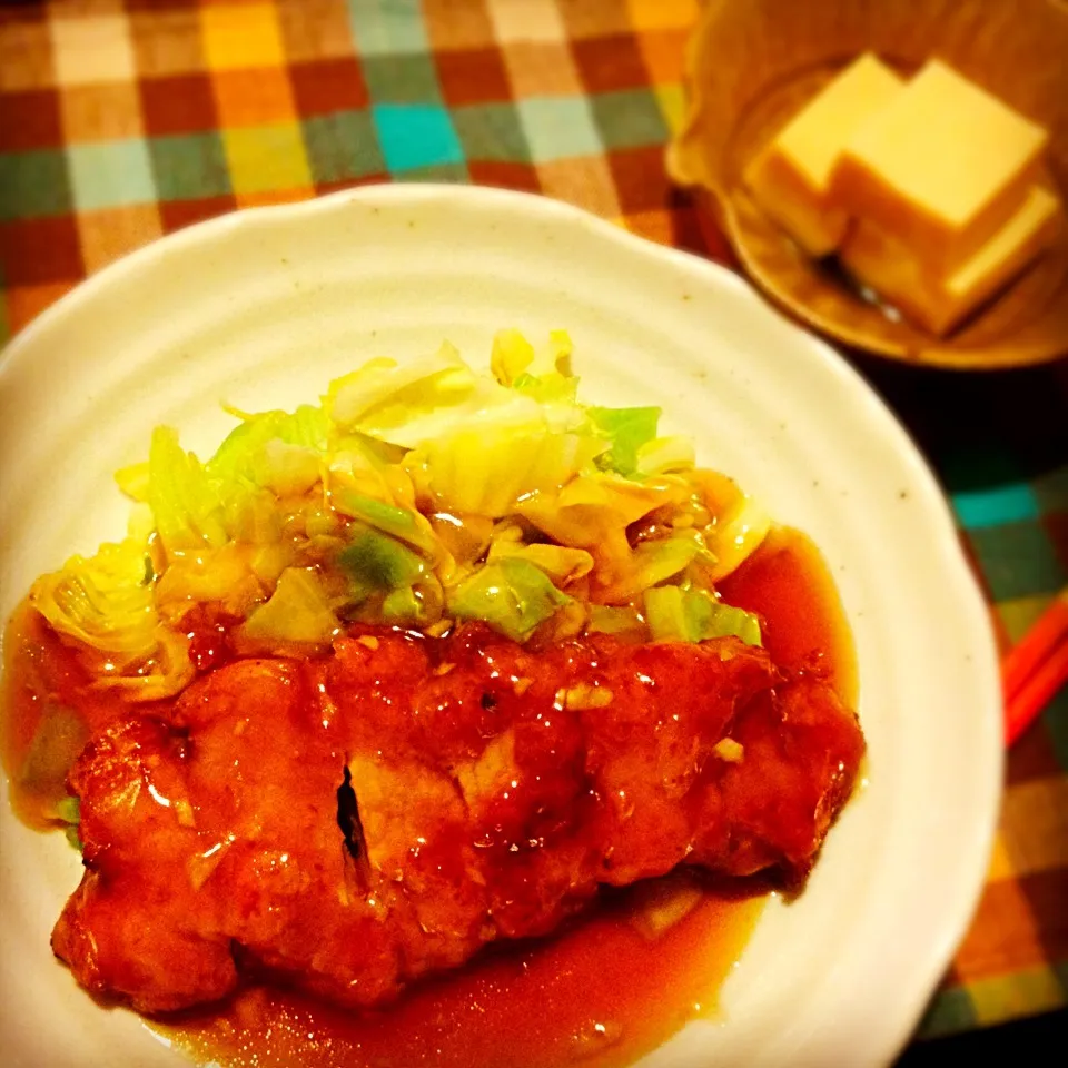 豚天の甘酢あんかけ,高野豆腐|りーぴんさん