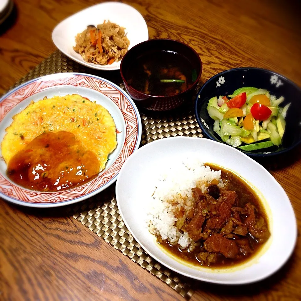 切り干し大根の煮物・干し椎茸とニラの中華スープ・セロリとアボカドのサラダ・牛スジカレー・フーヨーハイ|美也子さん