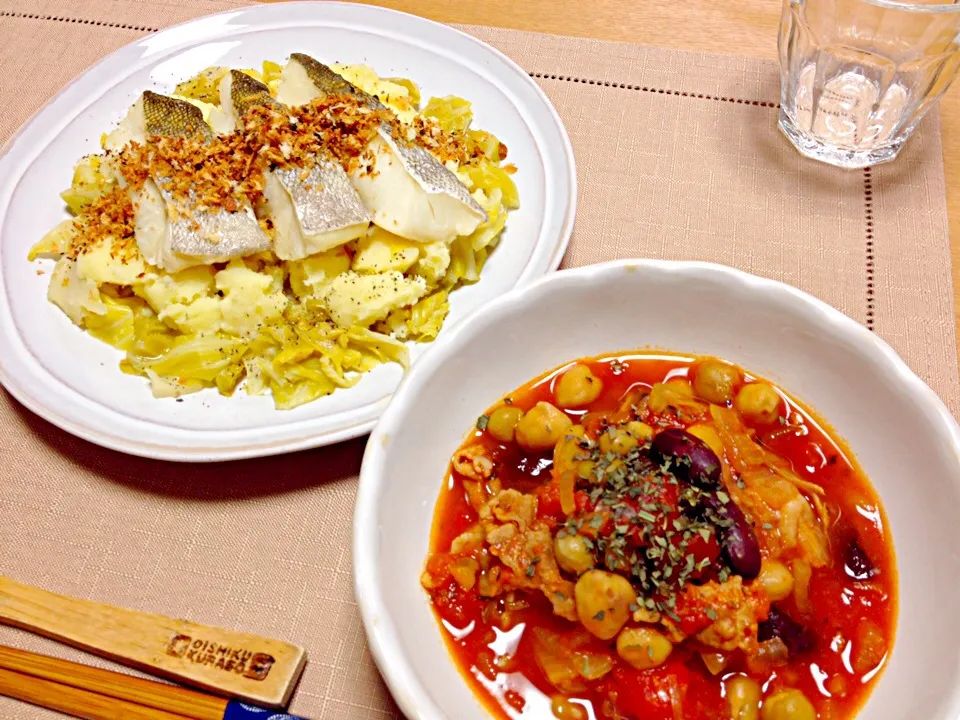 鱈のワイン蒸しハーブパン粉添え、マッシュポテト、豆と豚肉のトマト煮込み|ねむねこさん