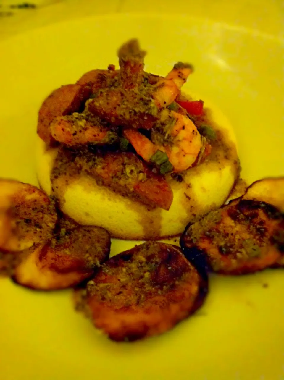 Cajun Shrimp on a corn fritter with fried plantains|Suga Brownさん