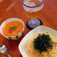 Snapdishの料理写真:明太子パスタとエビのトマトクリームスープ|tarayacoさん