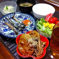 Snapdishの料理写真:ししゃも…七味出過ぎ٩̋(๑˃́ꇴ˂̀๑)れんこんの挟み焼き、サラダ、セロリのレモン漬。|✳︎nanana✳︎さん