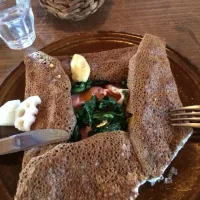 Snapdishの料理写真:Galette, a crêpe made of buckwheat flour with cheese ham and spinach on the inside.