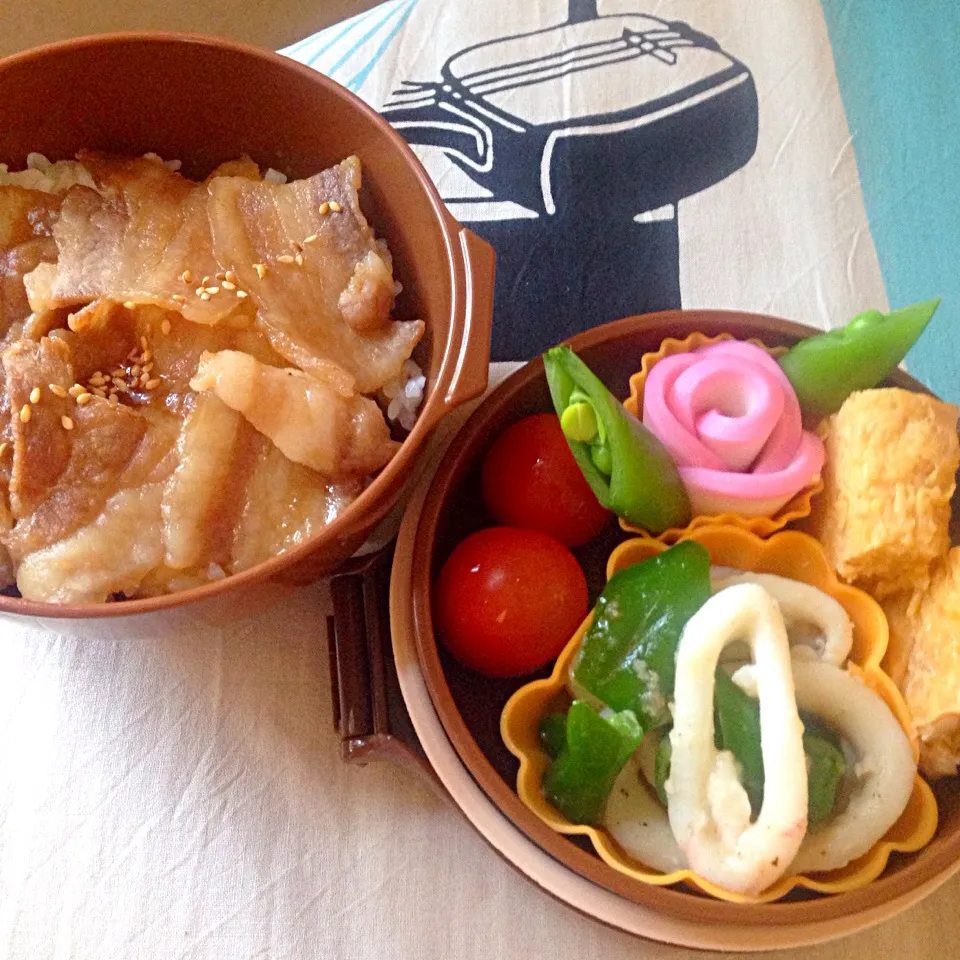 豚バラ丼とパパ作だし巻玉子弁当|びすこさん