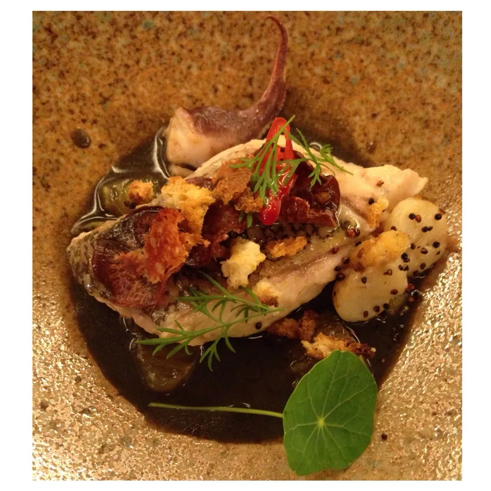 Grouper ( sous vide grouper + octopus egg + squid ink broth + orange + sweet potato chips|SJさん