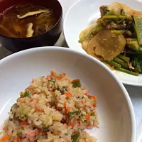 野菜チャーハン、かぶと豚肉の味噌炒め、しいたけと切り干し大根の味噌汁|りささん