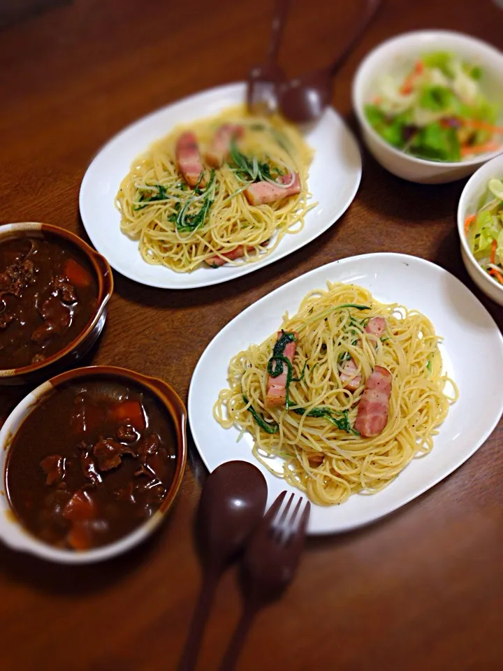 ビーフシチュー。水菜とベーコンの和風パスタ|あーさんさん