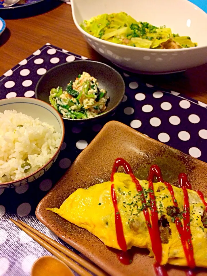 オムレツ、白和え、キャベツと豚肉のレンジ蒸し、豆ご飯|Mogu Mogutaさん