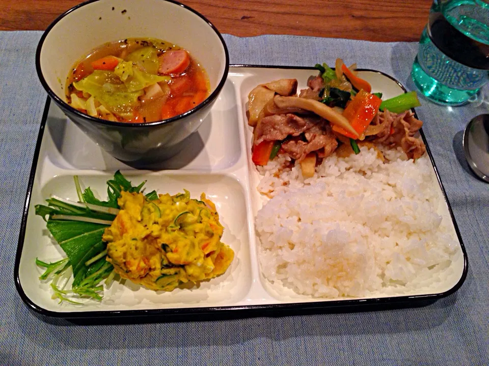 エリンギと小松菜の豚肉炒め&かぼちゃサラダ&野菜のスープ|piton810さん