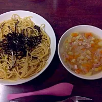 野沢菜としらすのパスタ、野菜スープ|せなさん