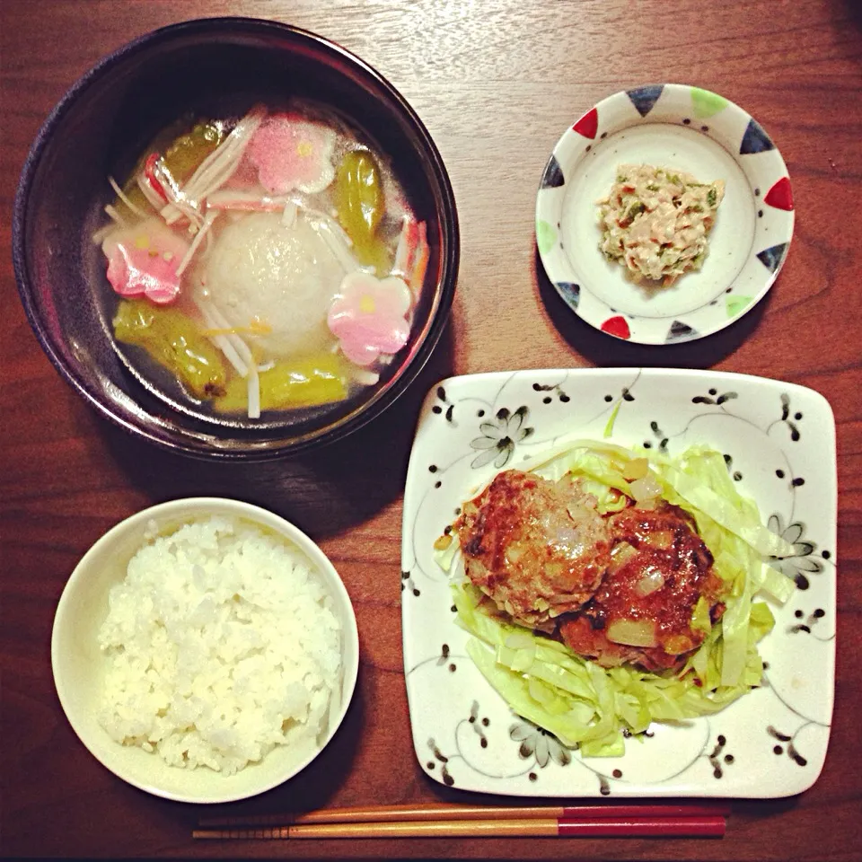 鳥の巣風☆和風まんまるハンバーグ、れんこんのしんじょう、ツナとオクラのマヨ和え|今日の献立さん