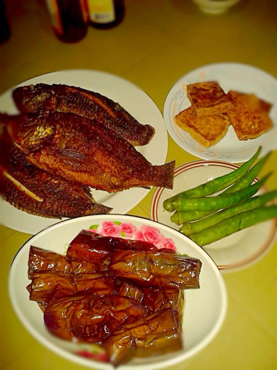 fish tilapia,tofu pry,okra boild,and pry eggplant|Catalinakawazakiさん