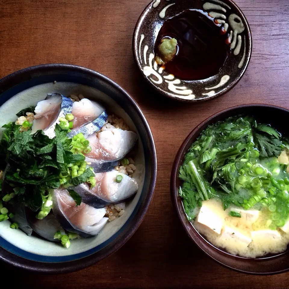 Mackerel bowl,Miso soup of tofu and garland chrysanthemum しめ鯖丼ぶり、春菊と豆腐のお味噌汁|AYANOさん