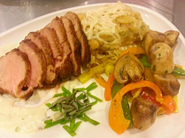 Roasted Pork Medallions with Sage and Bleu Cheese Mornay and Pommes Duphinoise|Dustin Stairさん