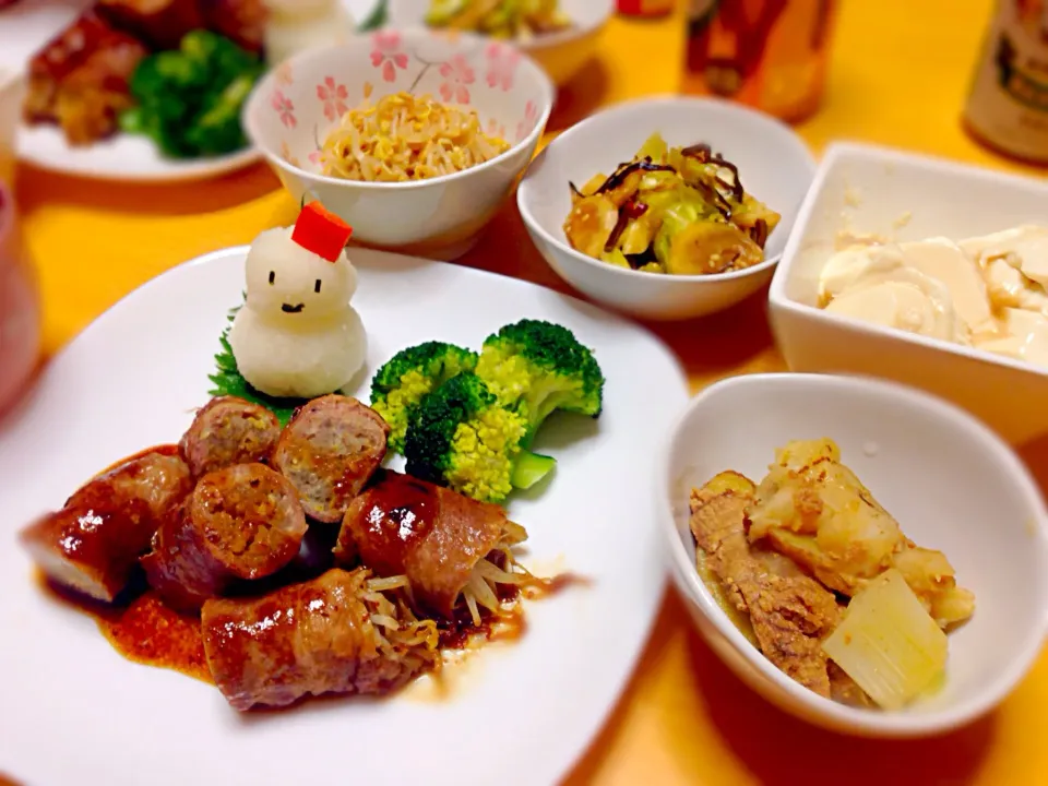 もやしの豚肉巻き定食〜メインは雪だるま(笑)|あいあいさん