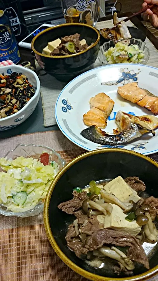 肉豆腐＆ポテトサラダ＆鮭のかま|まぐろさん