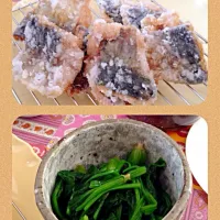 Snapdishの料理写真:浜守真あじ魚醤の鯵竜田揚げとほうれん草のお浸し|Youkoさん