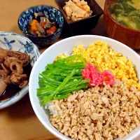 Snapdishの料理写真:三色丼 、飯蛸の煮付、煮豆、おからナポリタン、南瓜とほうれん草の味噌汁|hiromi uedaさん