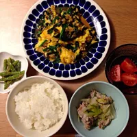 Snapdishの料理写真:ニラ玉、豚と白菜の重ね蒸し、いんげんの胡麻和え、トマト|ようたさん