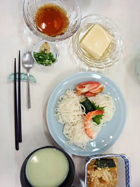 そうめん　冷製スープ　卵豆腐　かぼちゃのそぼろ庵|つなさん