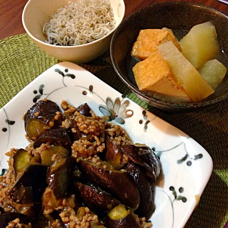 ひき肉と茄子の甘辛炒め、厚揚げと大根の炊いたん、ちりめんじゃこ|今日の献立さん