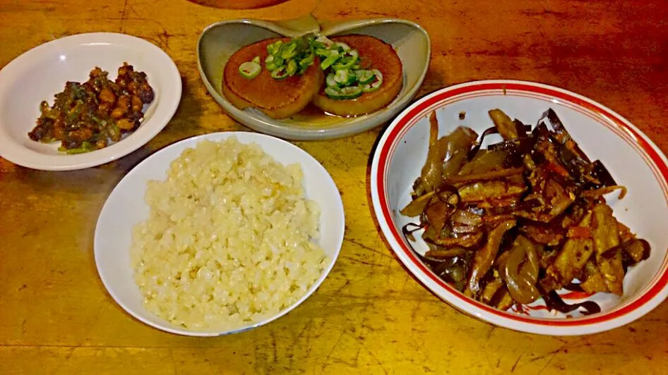 Snapdishの料理写真:定番のアイタル和食晩御飯☆☆(石毛千歳さんの焼き納豆のサラダ菜飯を参考にした料理もあります。)|chiiiikoさん