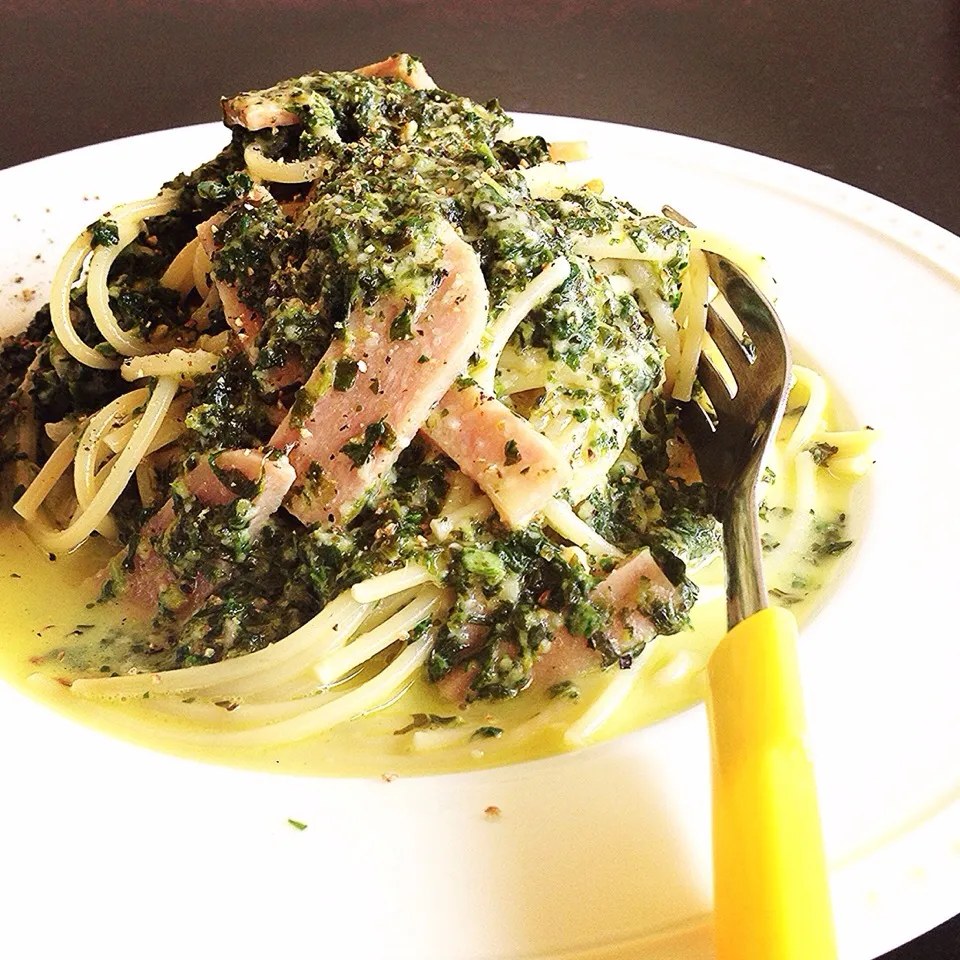 Greenful Spinach Carbonara. 
ほうれん草いっぱいのカルボナーラ。|Yuka Nakataさん