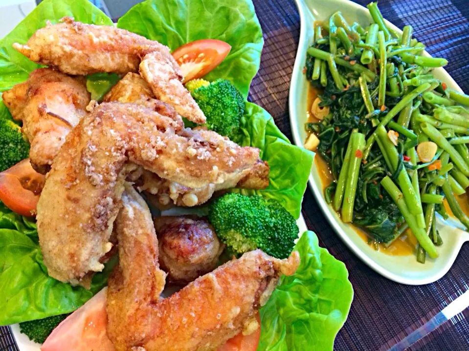 My first ever shrimp paste chicken and sambal kangkong|Sachiko Tomimoriさん